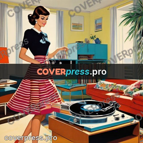 60s retro illustration: woman by a record player