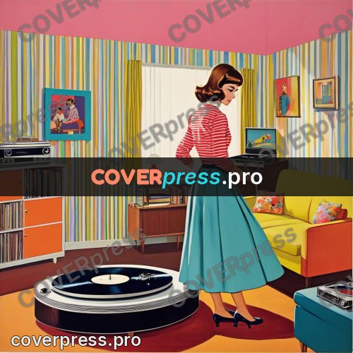 60s retro illustration: woman by a record player