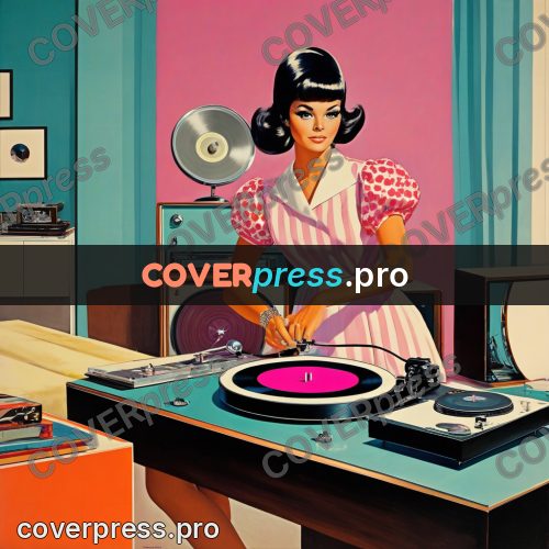 60s retro illustration: record player with records