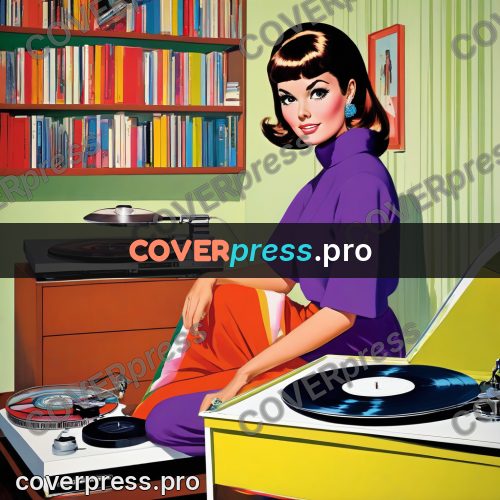 60s retro illustration: record player with records