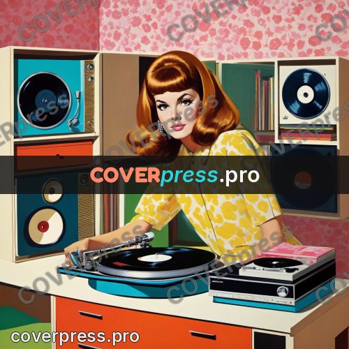 60s retro illustration: record player with records