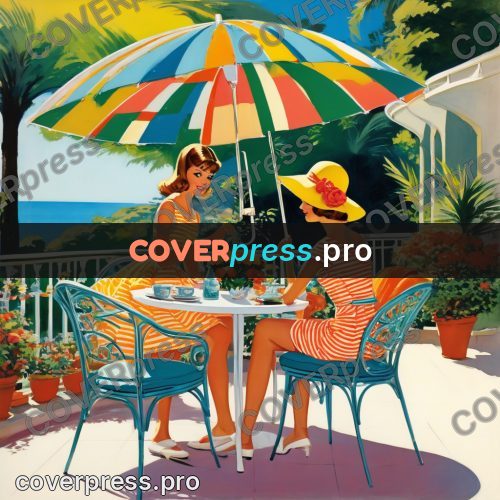 60s retro illustration: terrace table under a parasol