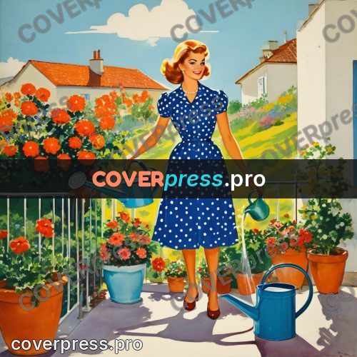 60s retro illustration: woman with a watering can