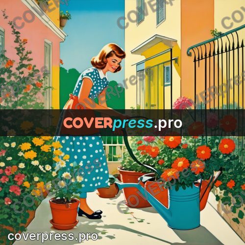 60s retro illustration: woman with a watering can