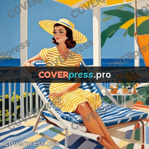 60s retro illustration: woman in a striped deckchair