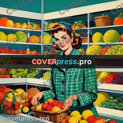60s retro illustration: woman at a fruit counter