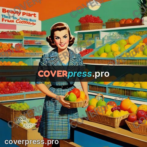 60s retro illustration: woman at a fruit counter