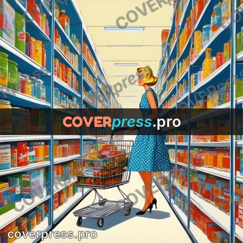 60s retro illustration: woman with a shopping trolley
