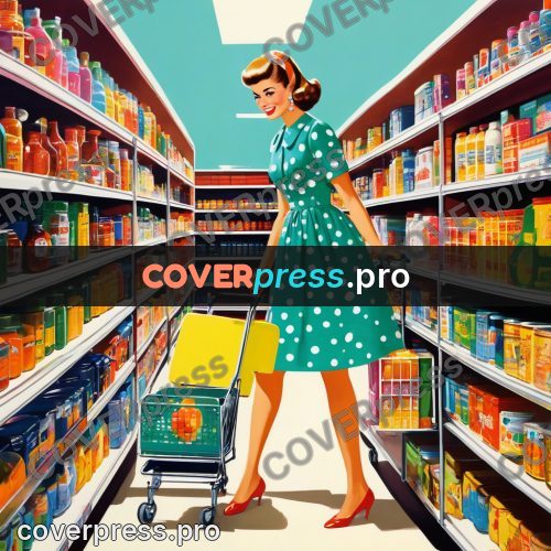 60s retro illustration: woman with a shopping trolley