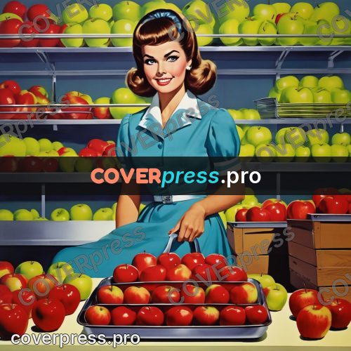 60s retro illustration: woman by a tray of apples