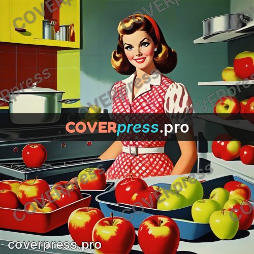 60s retro illustration: woman by a tray of apples