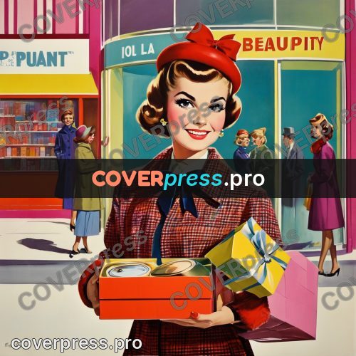 60s retro illustration: woman carrying shopping boxes