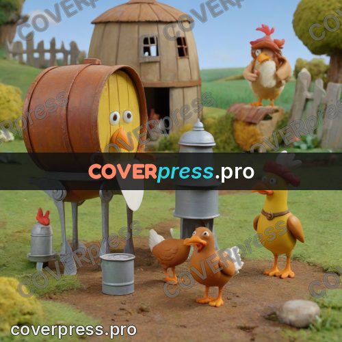 Stop motion character: barrel and hens in a yard