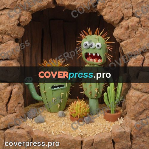 Stop motion character: cacti by a stone wall