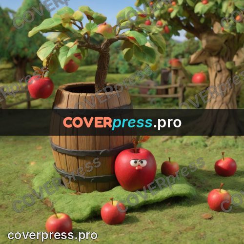 Stop motion character: barrel of apples by a tree