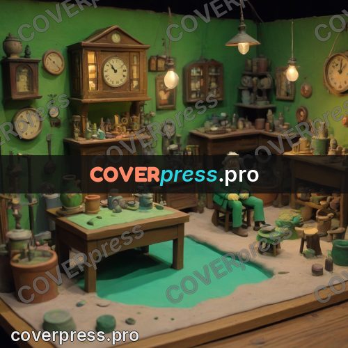 Stop motion character: workshop with clocks on the walls