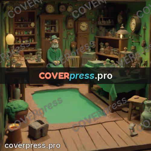 Stop motion character: workshop with clocks on the walls