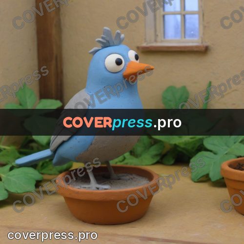 Stop motion character: blue bird in a flowerpot