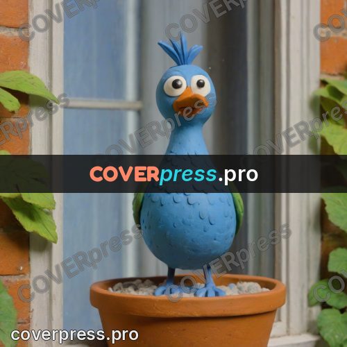 Stop motion character: blue bird in a flowerpot