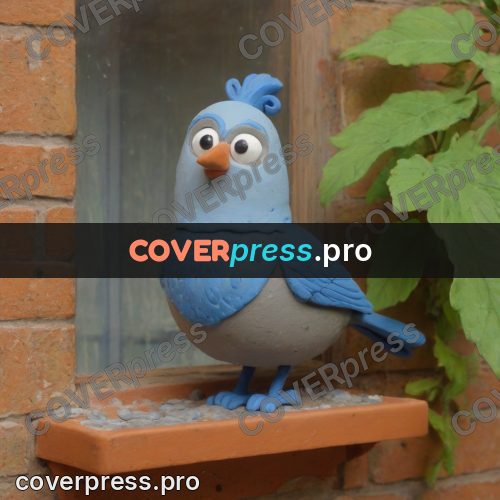 Stop motion character: blue bird in a flowerpot