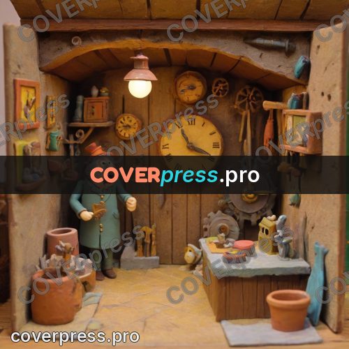 Stop motion character: clock on a workshop wall