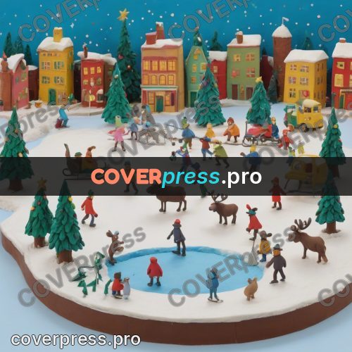Stop motion character: winter town with a skating rink