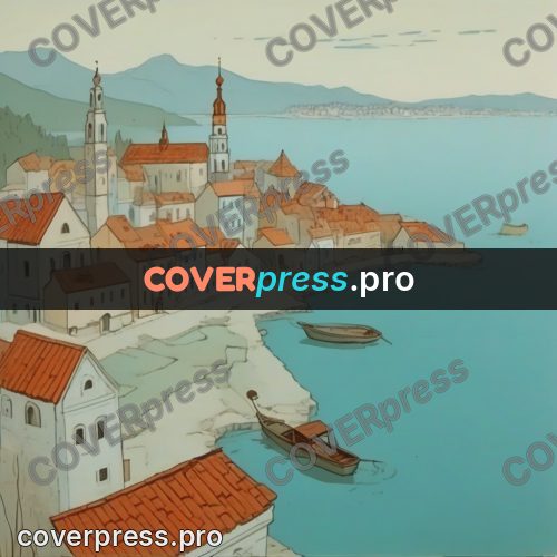 Retro cartoon drawing: seaside town with a bell tower