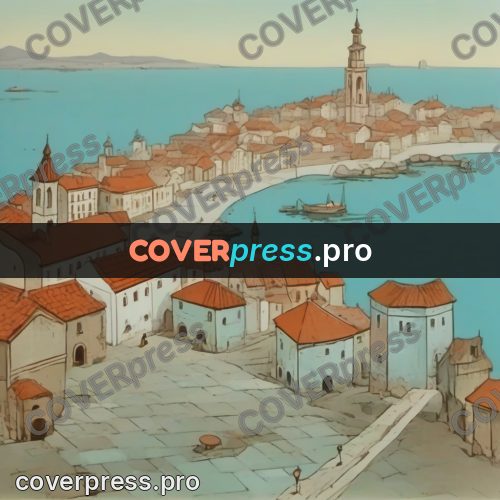 Retro cartoon drawing: seaside town with a bell tower
