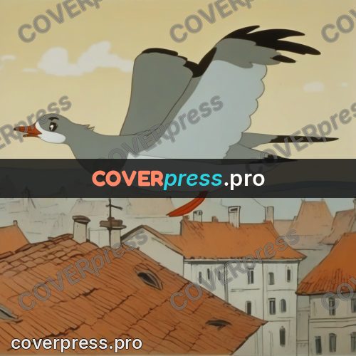 Retro cartoon drawing: gull above tiled roofs