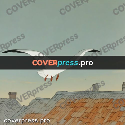 Retro cartoon drawing: gull above tiled roofs