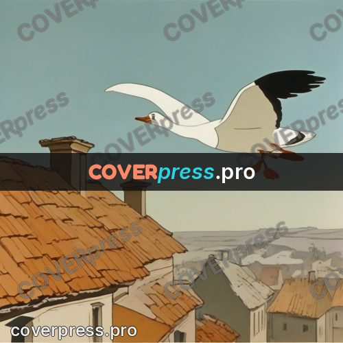 Retro cartoon drawing: gull above tiled roofs