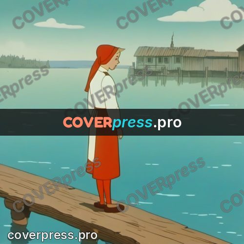 Retro cartoon drawing: girl on a wooden jetty