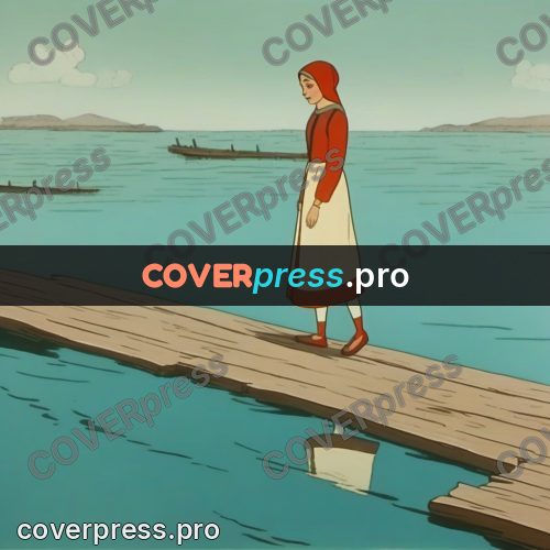 Retro cartoon drawing: girl on a wooden jetty