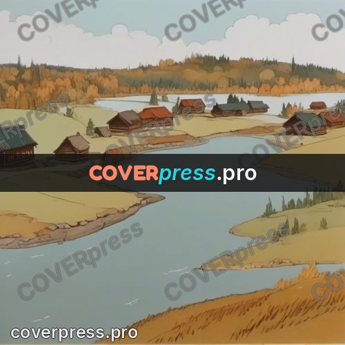 Retro cartoon drawing: village by a winding river