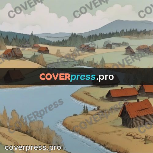 Retro cartoon drawing: village by a winding river