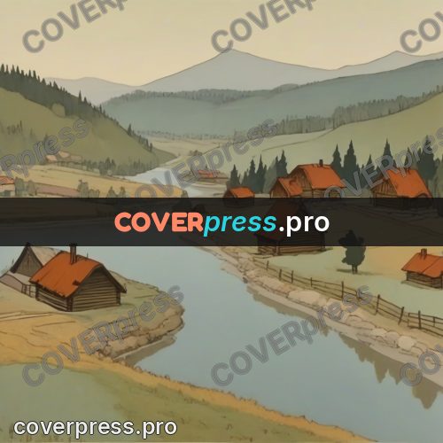 Retro cartoon drawing: village by a winding river