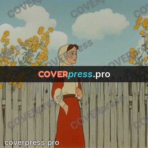 Retro cartoon drawing: woman by a wooden fence