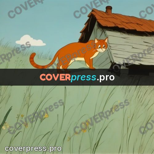 Retro cartoon drawing: ginger cat by an old hut