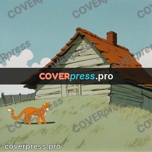Retro cartoon drawing: ginger cat by an old hut
