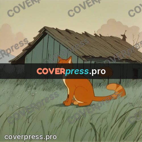 Retro cartoon drawing: ginger cat by an old hut