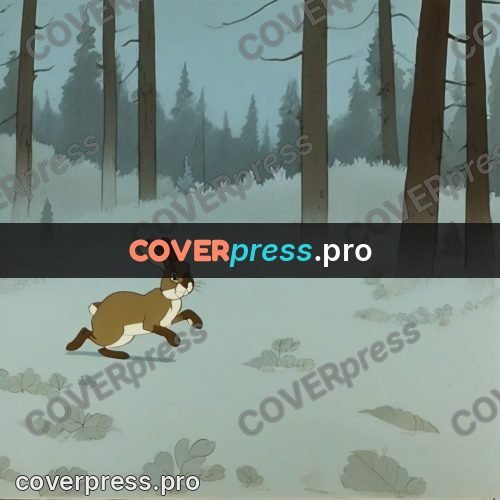 Retro cartoon drawing: hare in a winter forest