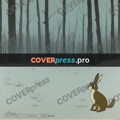 Retro cartoon drawing: hare in a winter forest