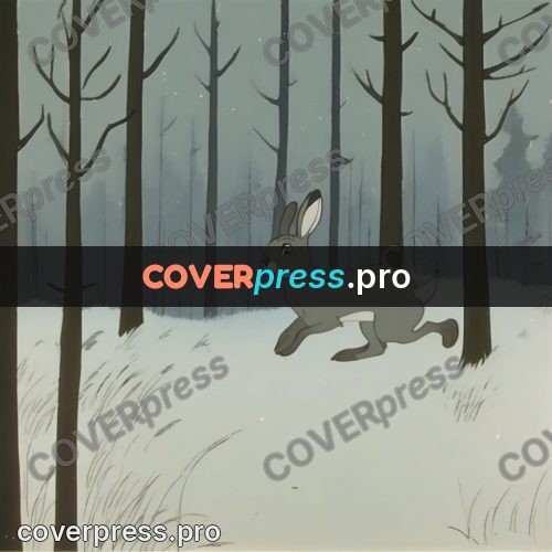 Retro cartoon drawing: hare in a winter forest