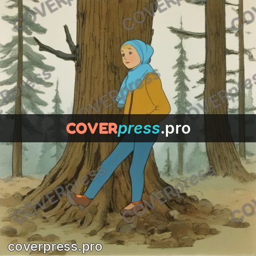 Retro cartoon drawing: girl by a large tree