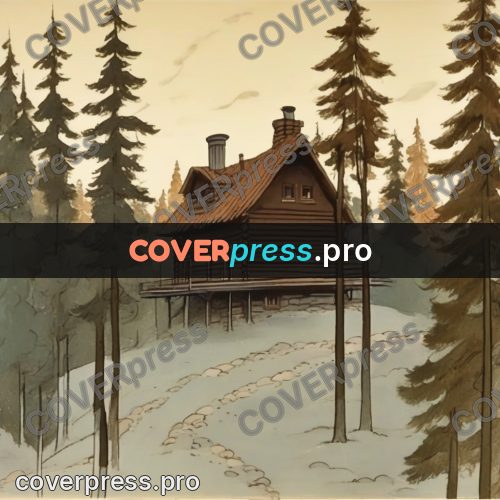 Retro cartoon drawing: log house among fir trees