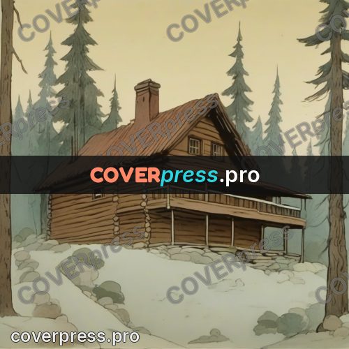 Retro cartoon drawing: log house among fir trees