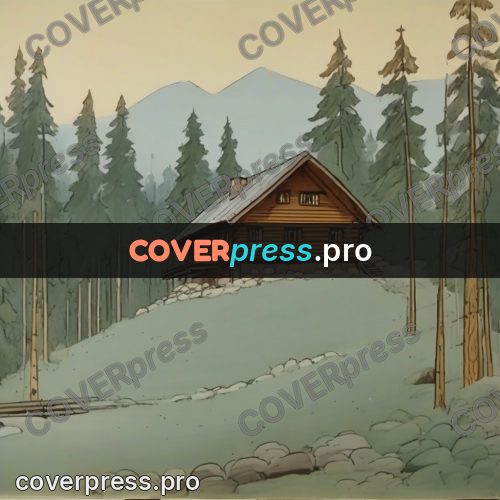 Retro cartoon drawing: log house among fir trees