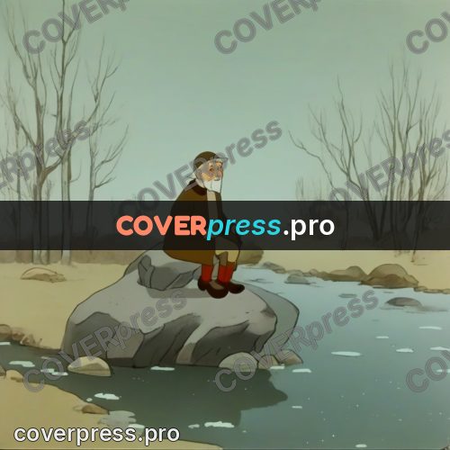 Retro cartoon drawing: old man by a stream