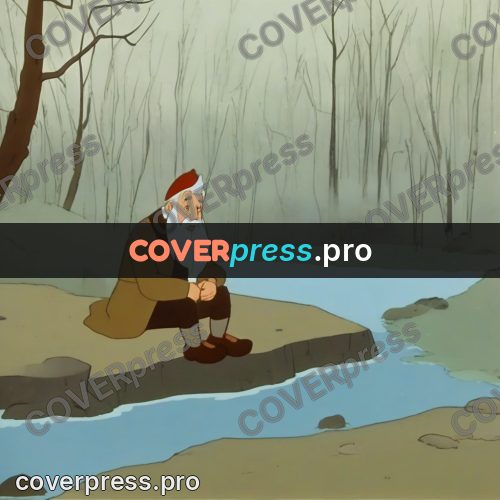 Retro cartoon drawing: old man by a stream