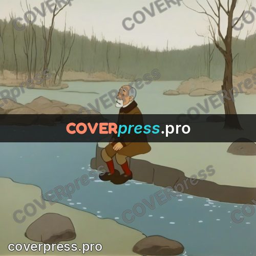 Retro cartoon drawing: old man by a stream